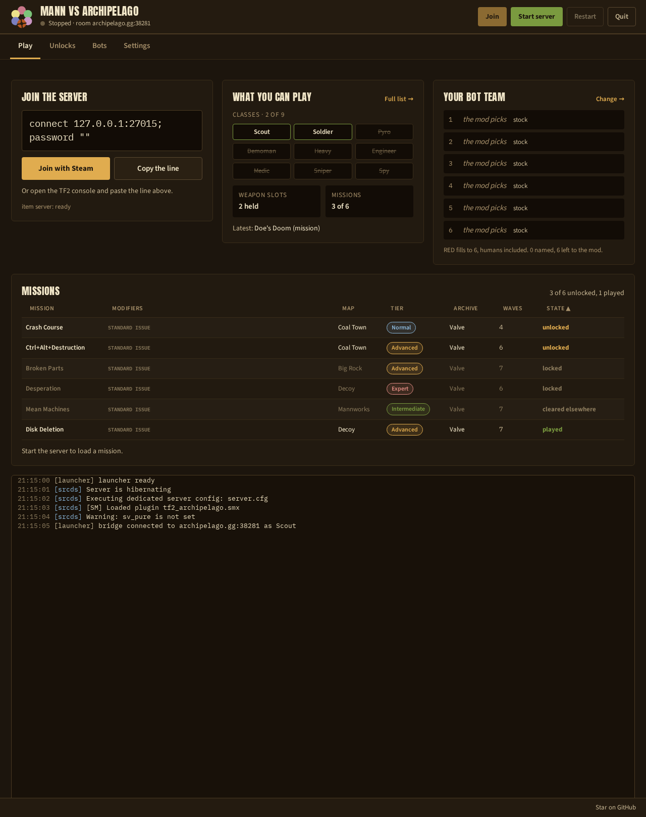 The Play tab before the server starts